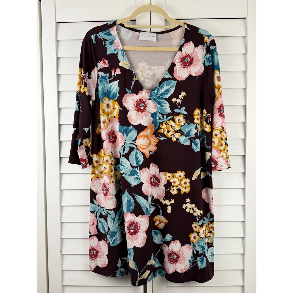 French Grey Tunic Dress XL Plum Floral V-Neck 3/4 Sleeve Stretch